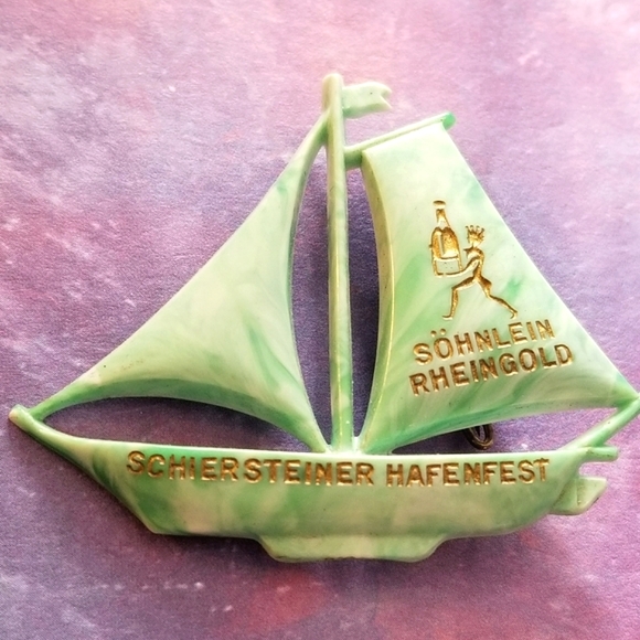 Vintage Jewelry - Vintage Sohnlein Rheingold sail boat pin brooch nautical ship advertising